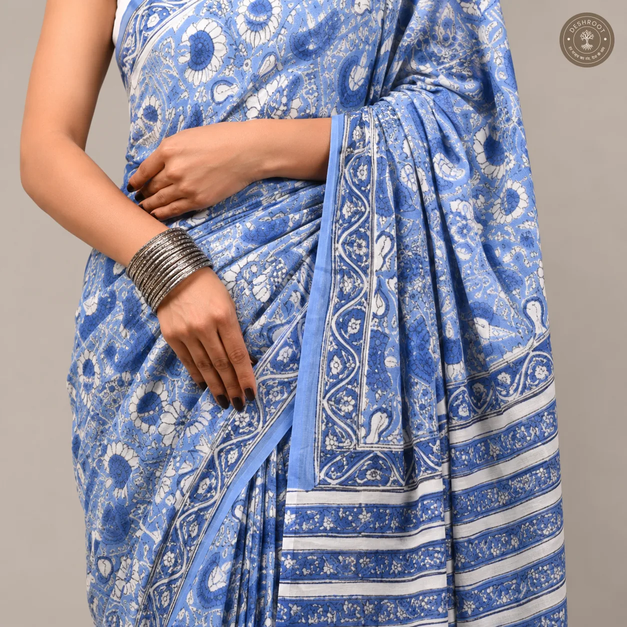 Neelika Hand Block Printed Mal Cotton Saree with Blouse Fabric
