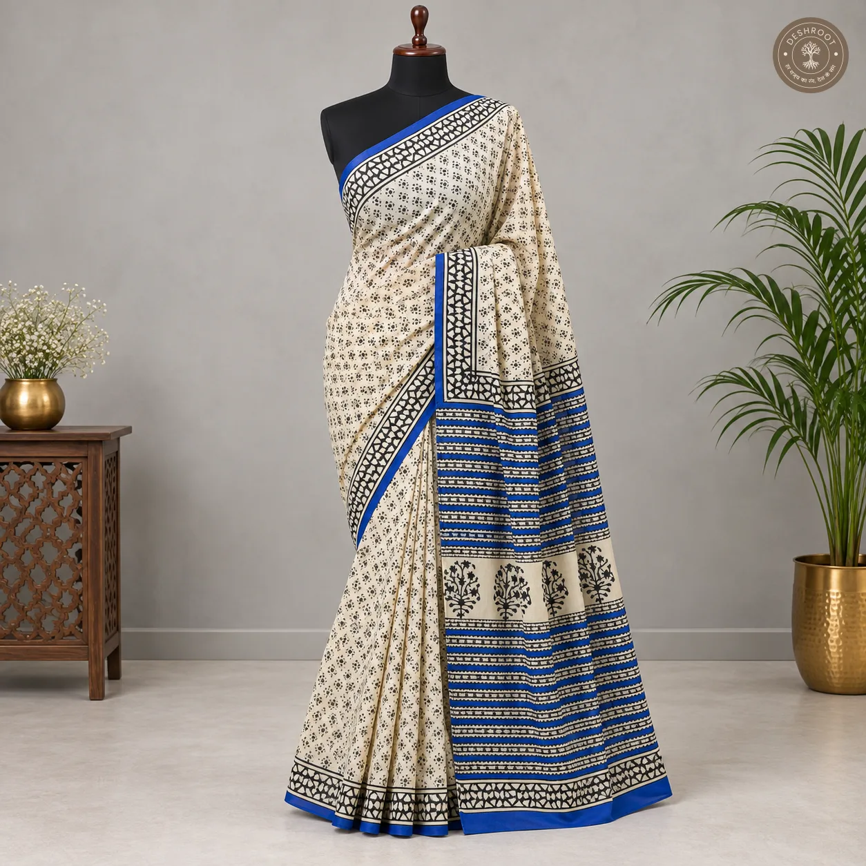 Neel Rekha Hand Block Printed Mal Cotton Saree with Blouse Fabric