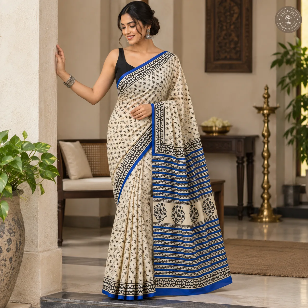 Neel Rekha Hand Block Printed Mal Cotton Saree with Blouse Fabric