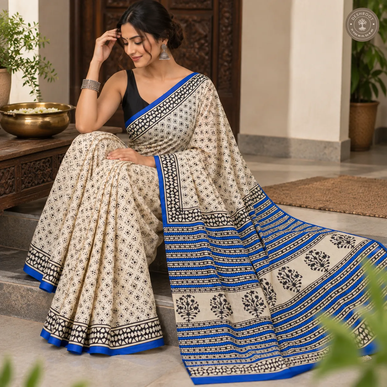 Neel Rekha Hand Block Printed Mal Cotton Saree with Blouse Fabric