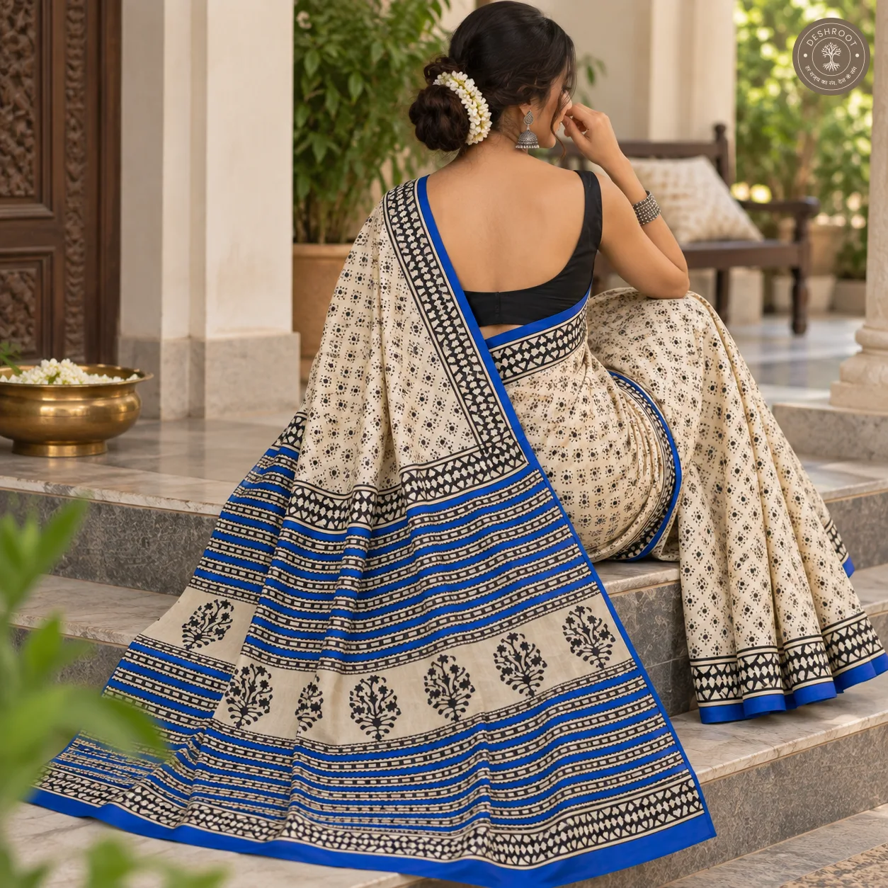 Neel Rekha Hand Block Printed Mal Cotton Saree with Blouse Fabric