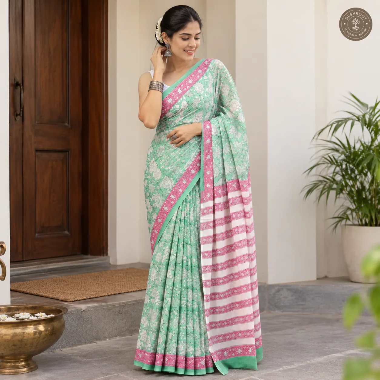 Gulbahar Hand Block Printed Mal Cotton Saree with Blouse Fabric