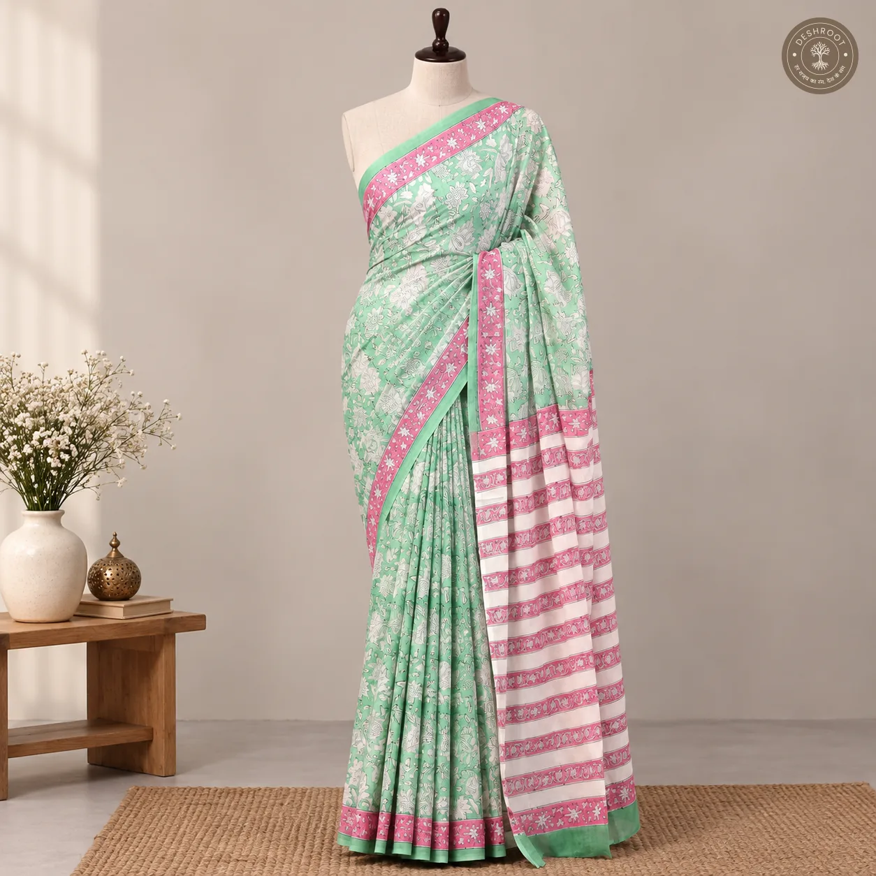 Gulbahar Hand Block Printed Mal Cotton Saree with Blouse Fabric