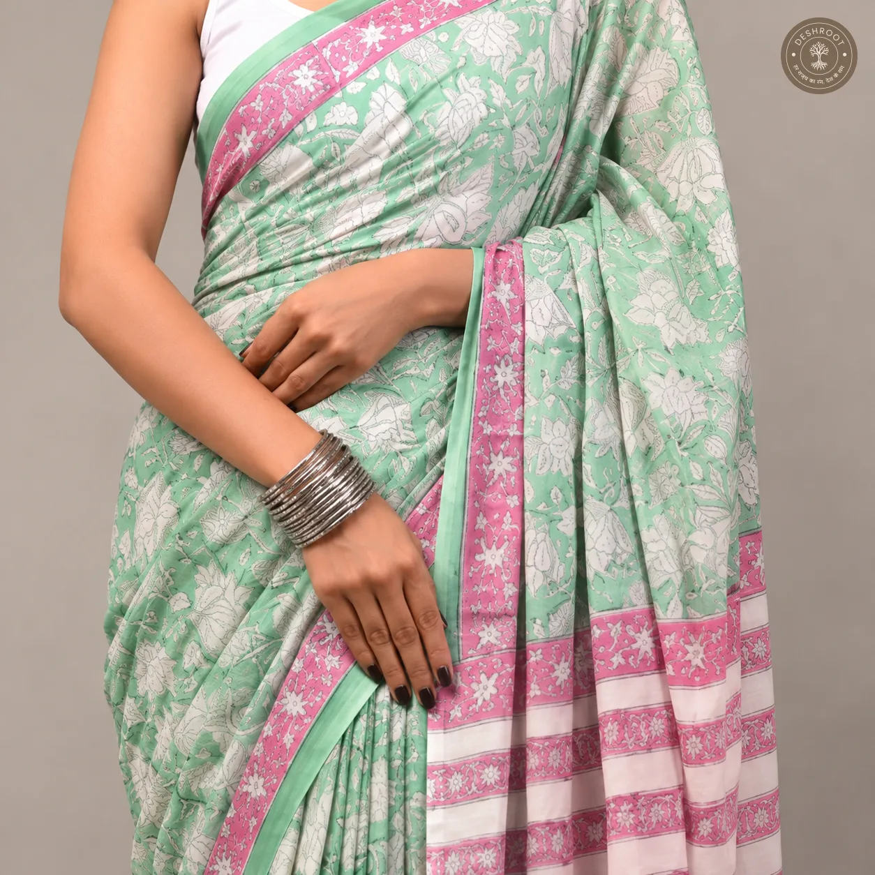 Gulbahar Hand Block Printed Mal Cotton Saree with Blouse Fabric