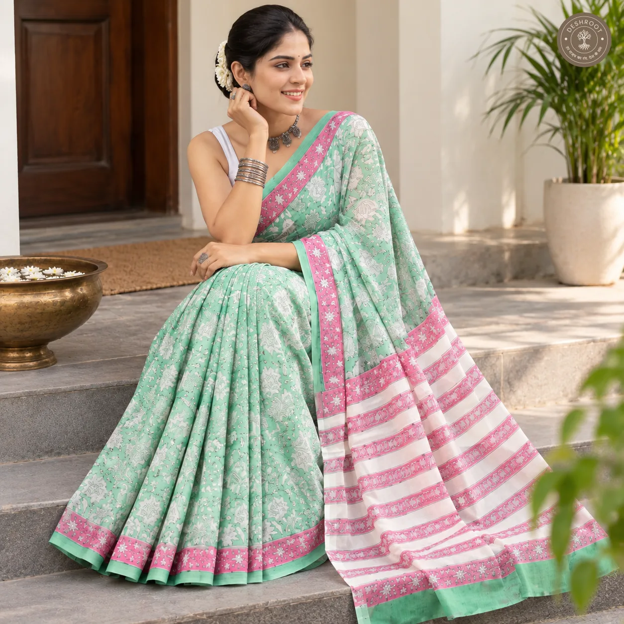 Gulbahar Hand Block Printed Mal Cotton Saree with Blouse Fabric