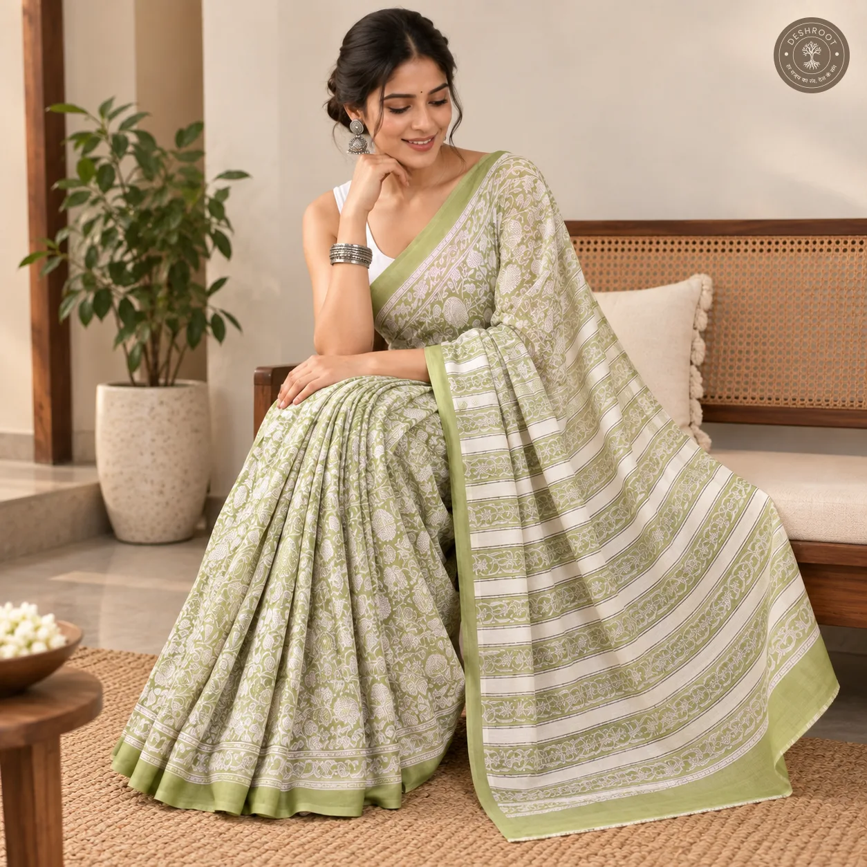 Meher Hand Block Printed Mal Cotton Saree with Blouse Fabric