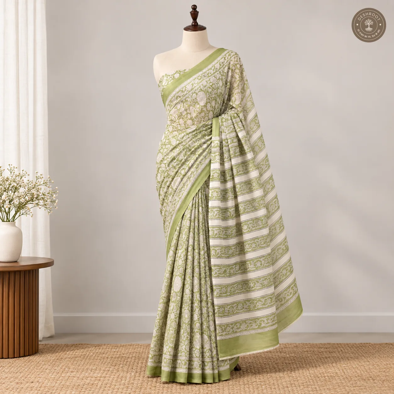 Meher Hand Block Printed Mal Cotton Saree with Blouse Fabric