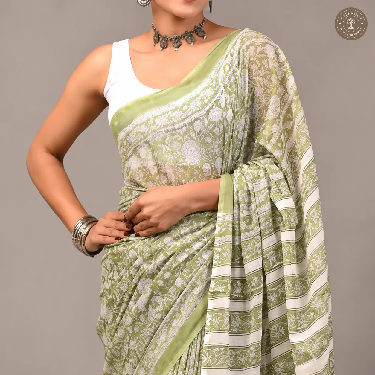 Meher Hand Block Printed Mal Cotton Saree with Blouse Fabric