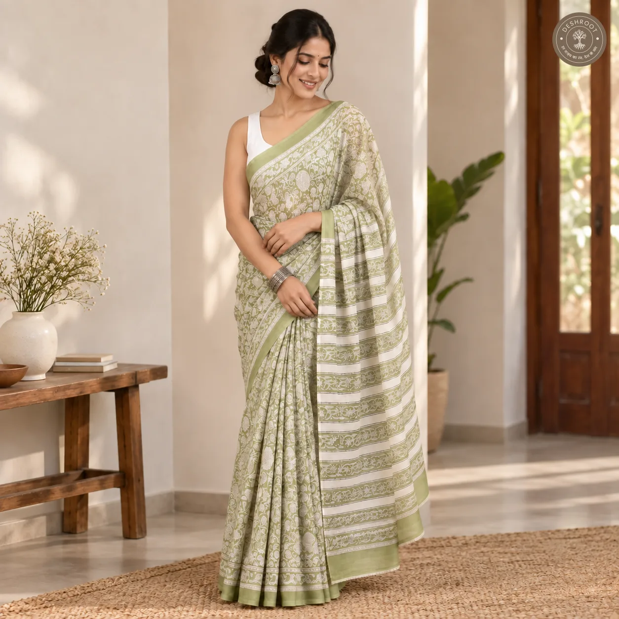 Meher Hand Block Printed Mal Cotton Saree with Blouse Fabric
