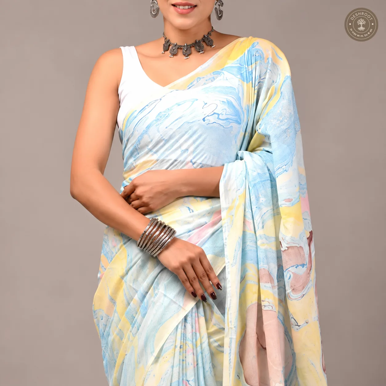 Aarika Hand Block Printed Mal Cotton Saree with Blouse Fabric