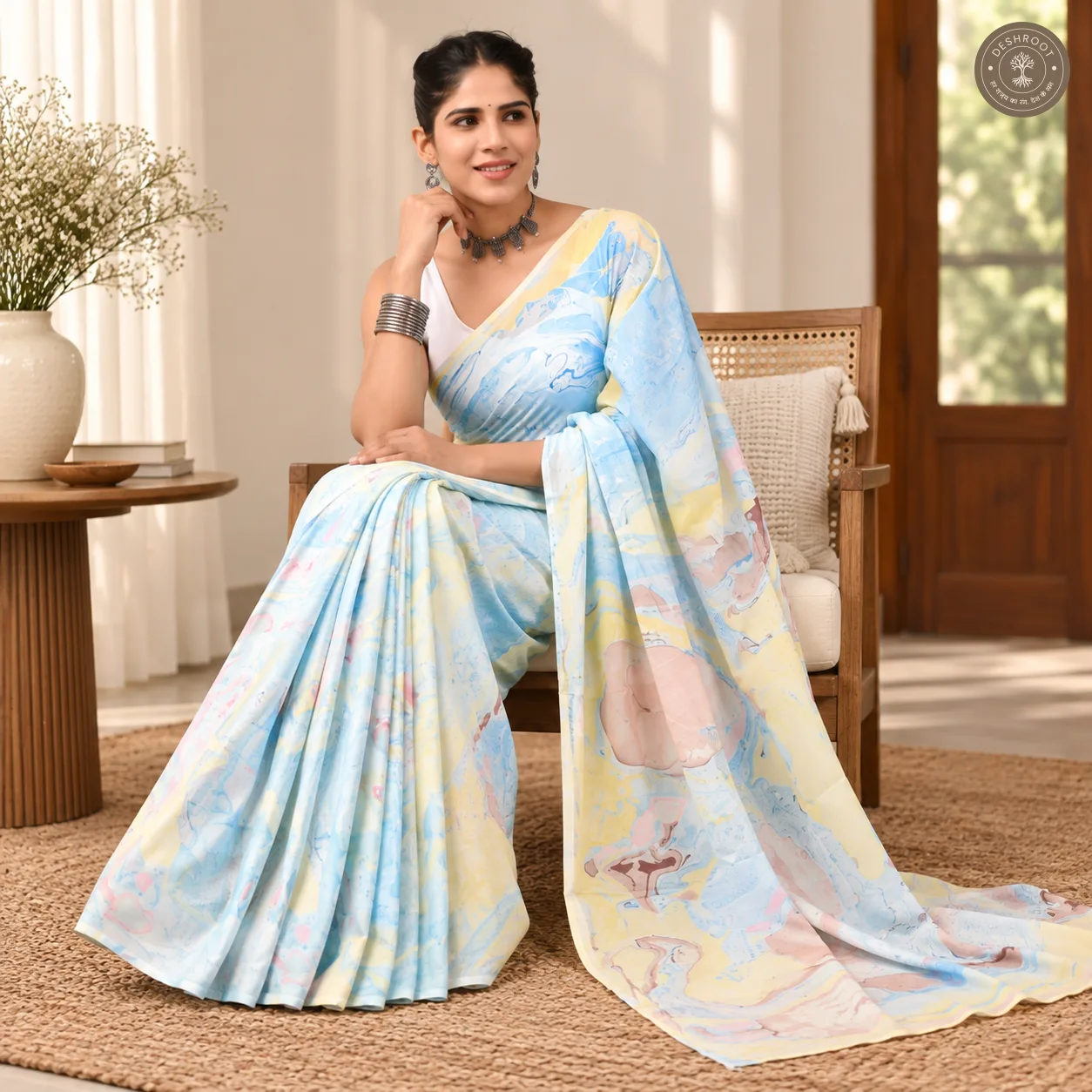 Aarika Hand Block Printed Mal Cotton Saree with Blouse Fabric