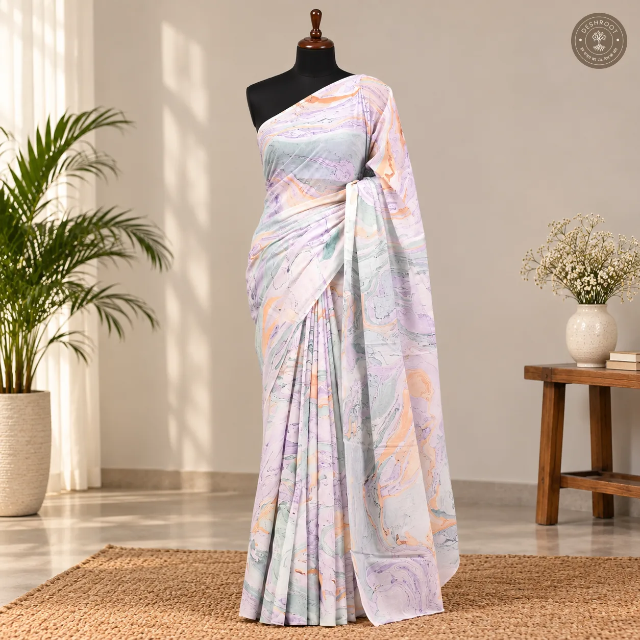 Lavanya Hand Block Printed Mal Cotton Saree with Blouse Fabric