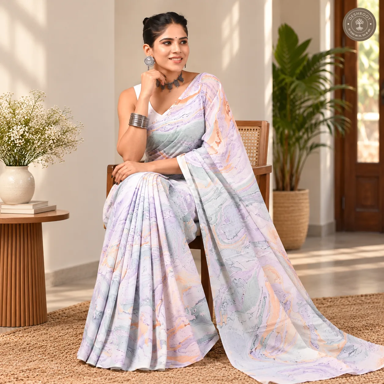 Lavanya Hand Block Printed Mal Cotton Saree with Blouse Fabric