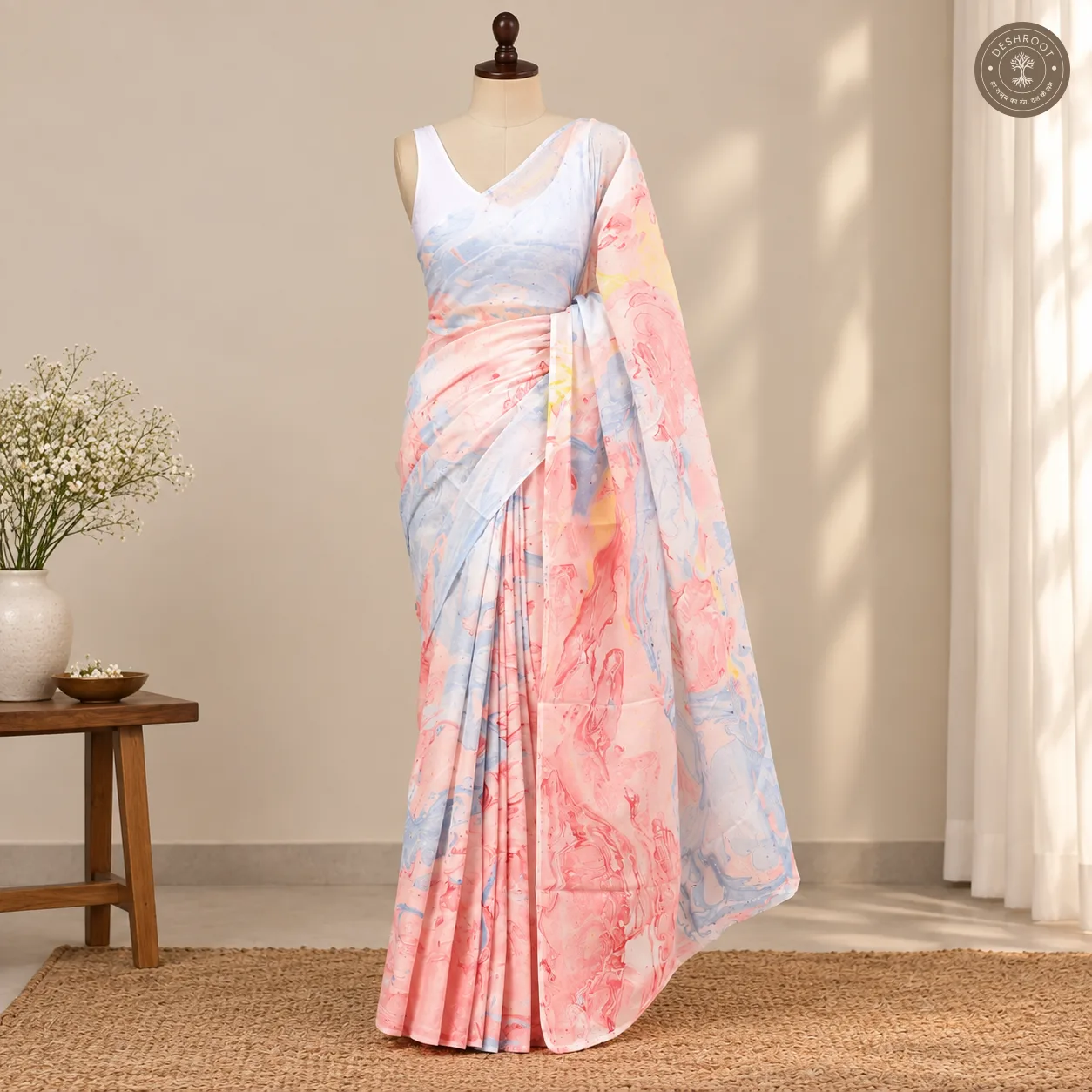 Gulnaar Hand Block Printed Mal Cotton Saree with Blouse Fabric
