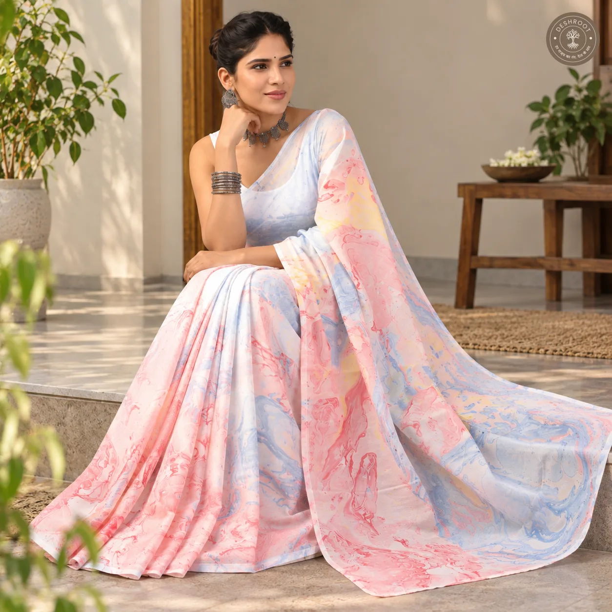 Gulnaar Hand Block Printed Mal Cotton Saree with Blouse Fabric