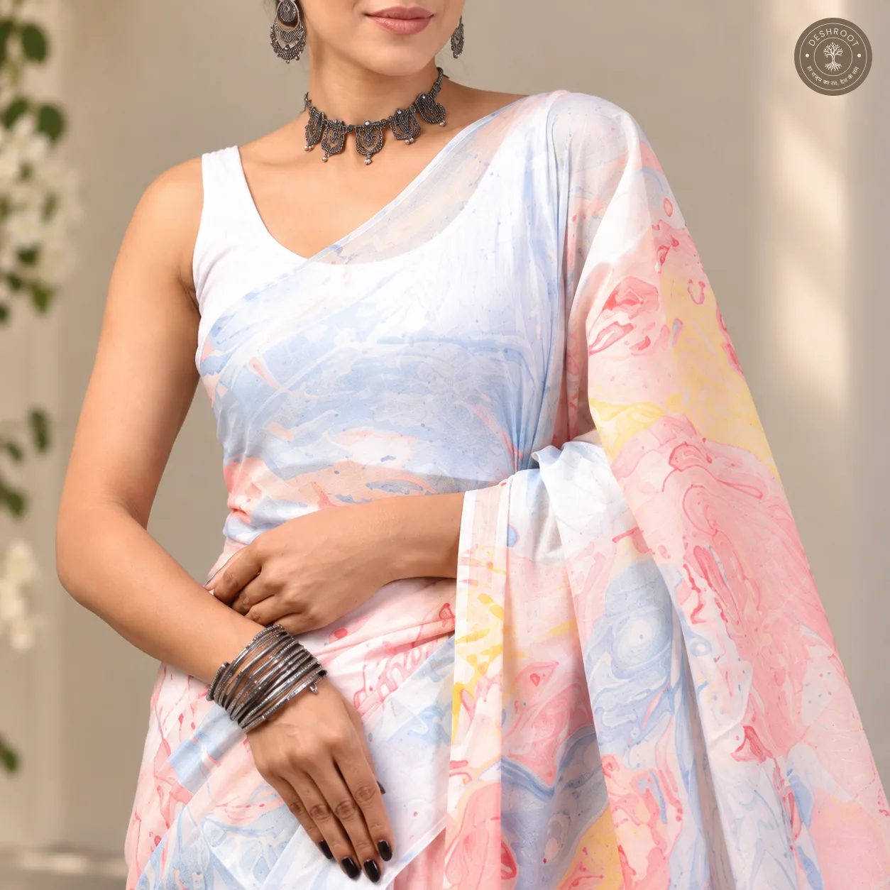 Gulnaar Hand Block Printed Mal Cotton Saree with Blouse Fabric