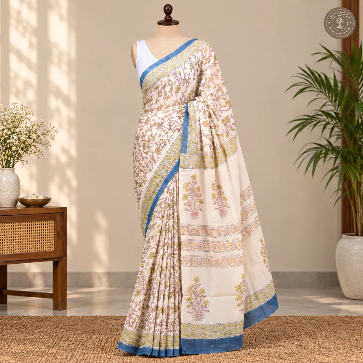 Vanya Hand Block Printed Mal Cotton Saree with Blouse Fabric