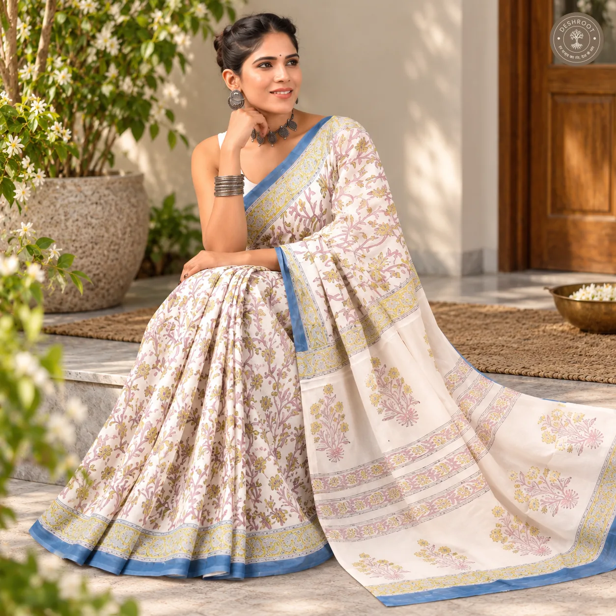 Vanya Hand Block Printed Mal Cotton Saree with Blouse Fabric