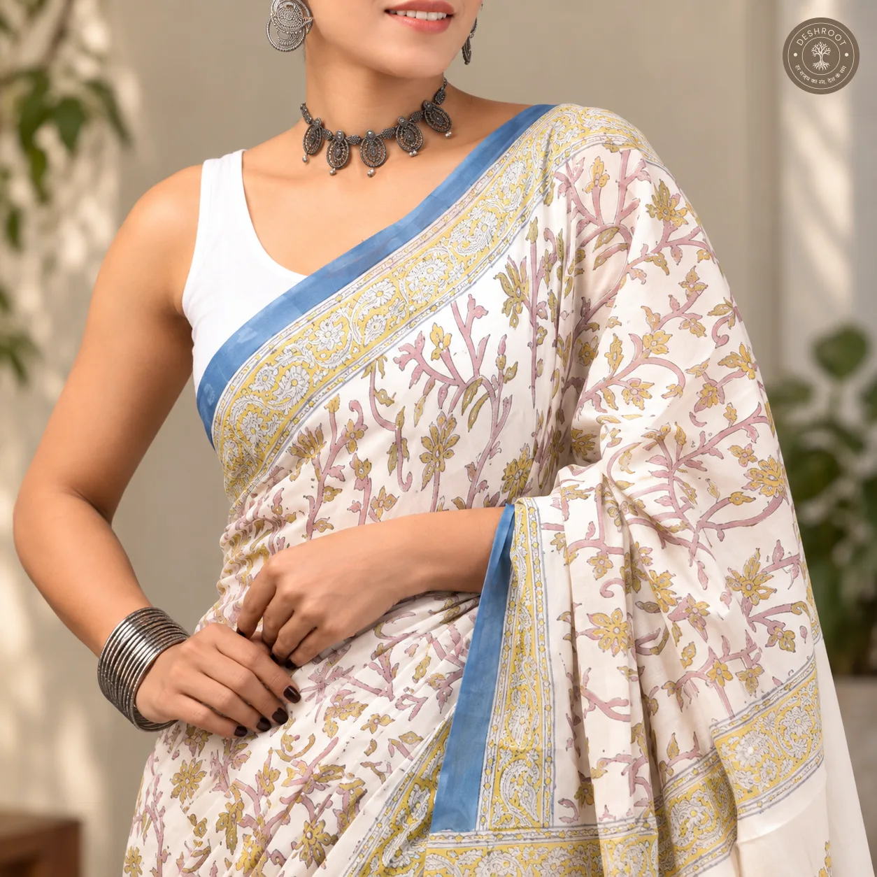 Vanya Hand Block Printed Mal Cotton Saree with Blouse Fabric