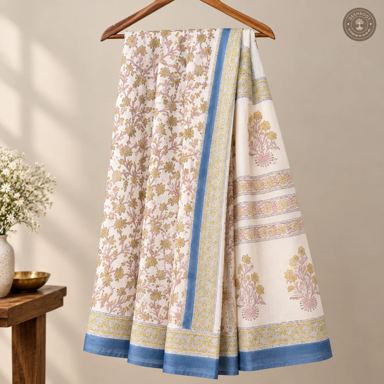 Vanya Hand Block Printed Mal Cotton Saree with Blouse Fabric