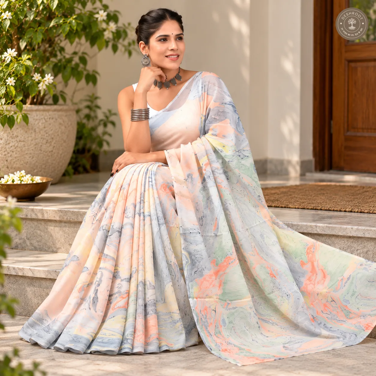 Aarini Hand Block Printed Mal Cotton Saree with Blouse Fabric