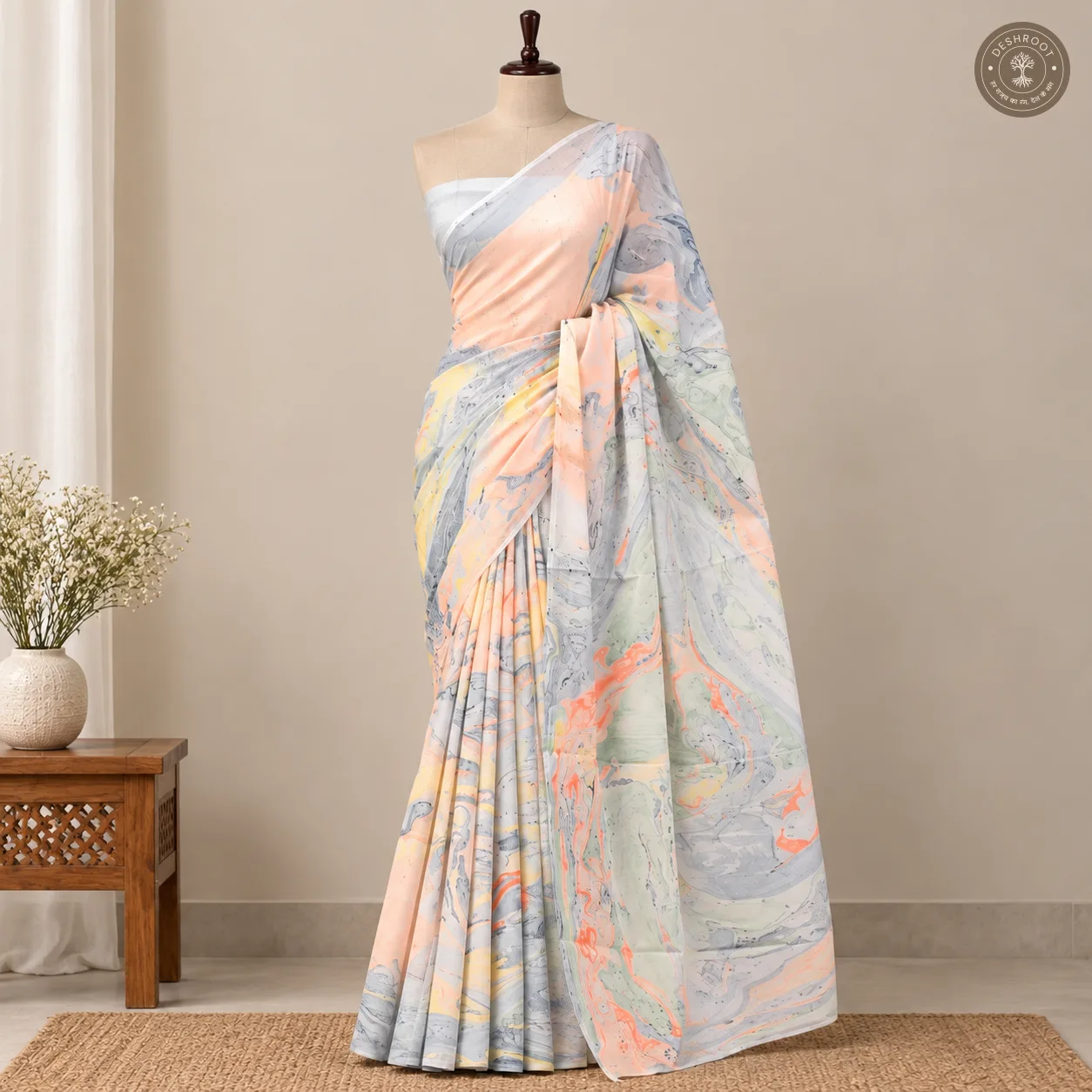 Aarini Hand Block Printed Mal Cotton Saree with Blouse Fabric