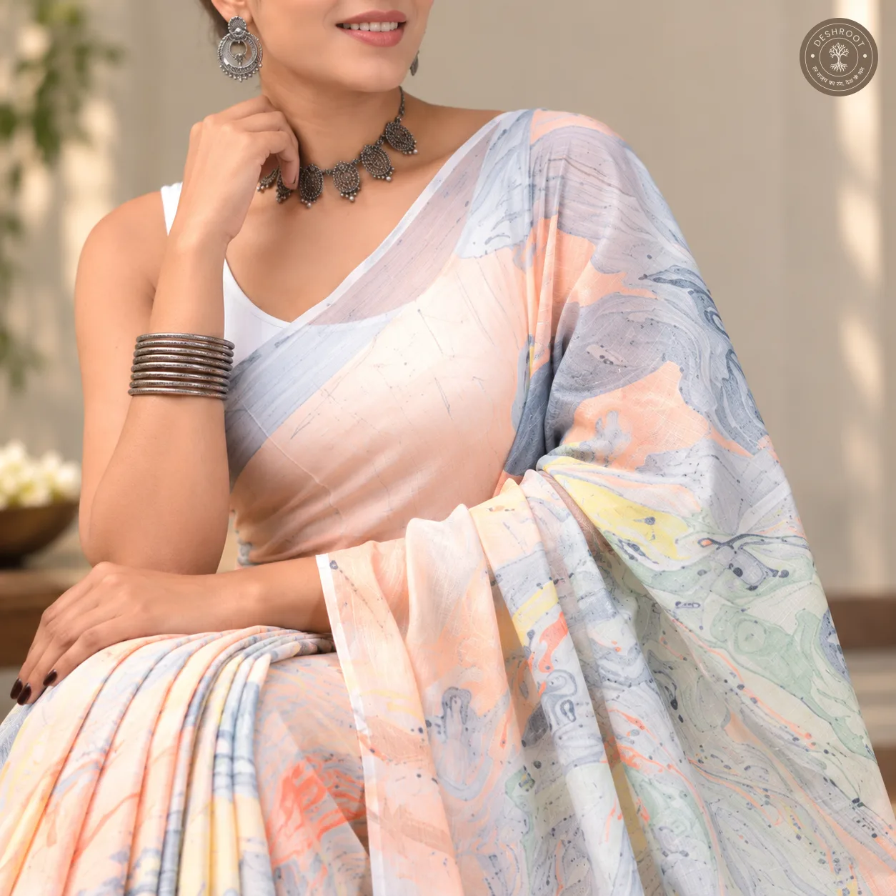 Aarini Hand Block Printed Mal Cotton Saree with Blouse Fabric
