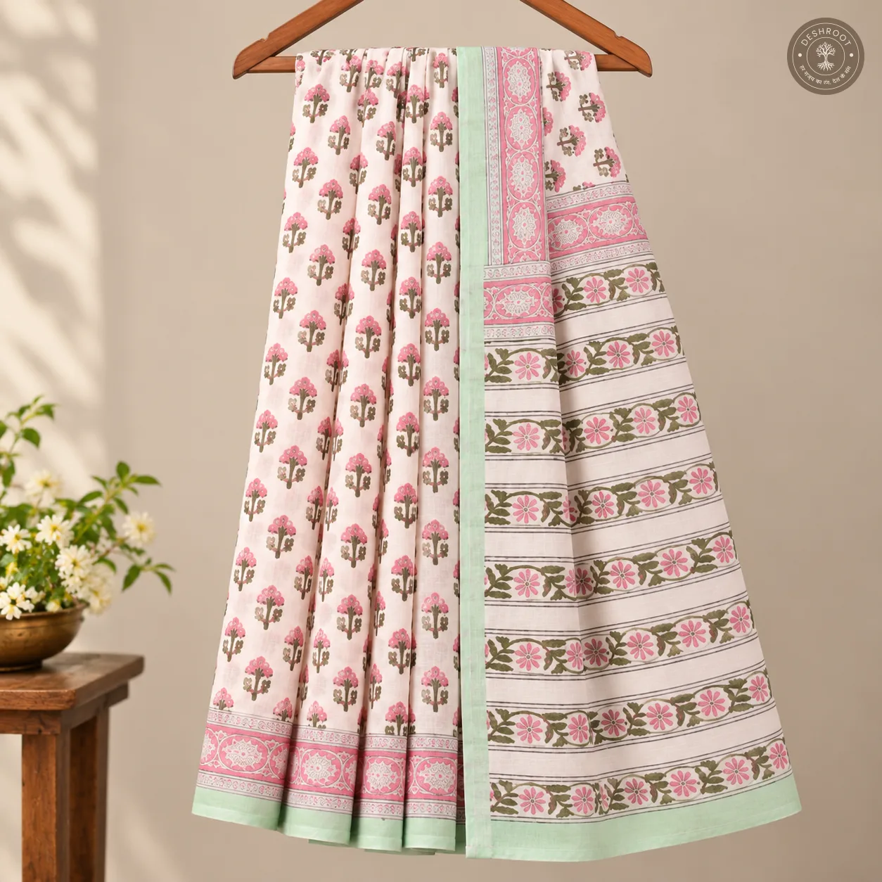 Gulbahar Floral Hand Block Printed Mal Cotton Saree with Blouse Fabric