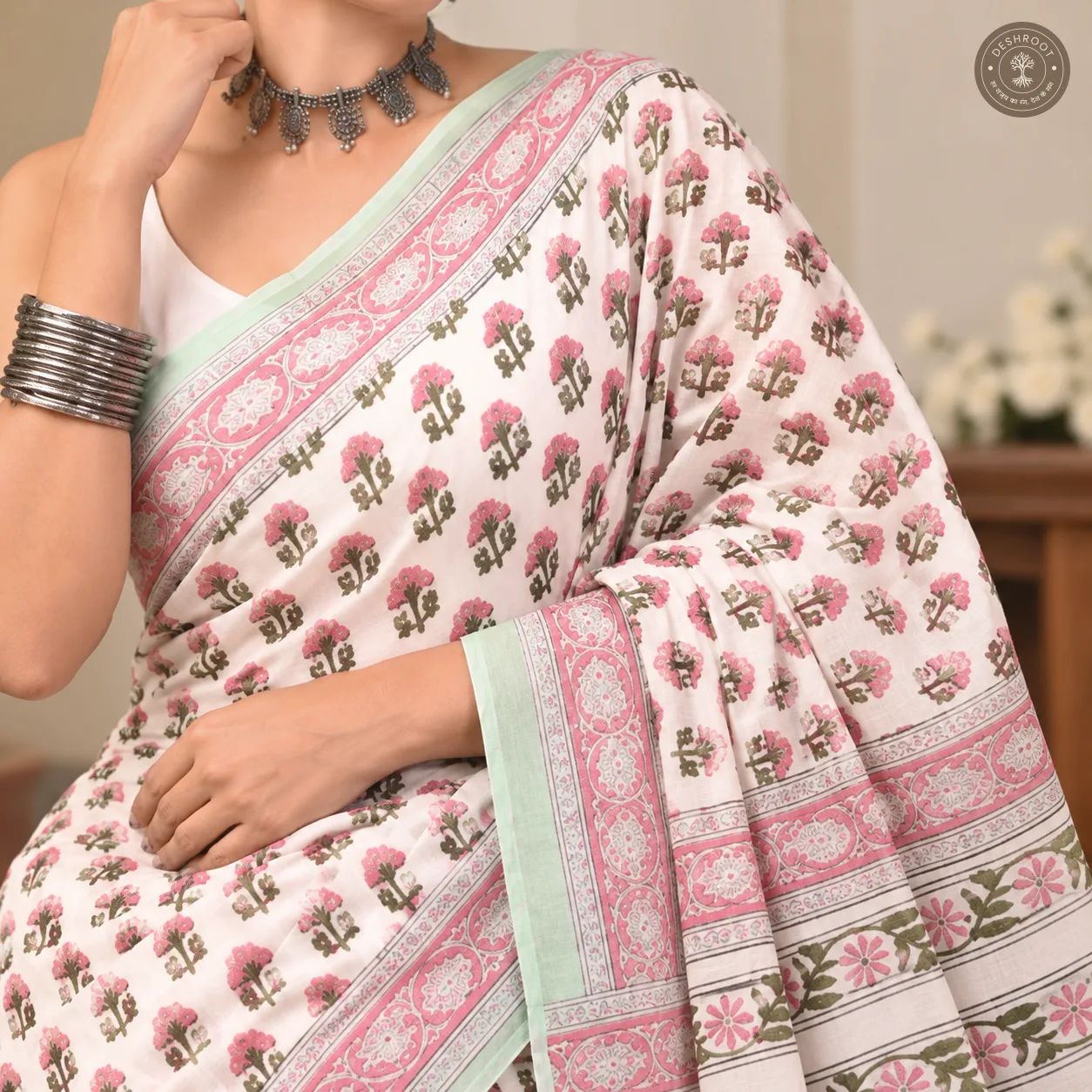 Gulbahar Floral Hand Block Printed Mal Cotton Saree with Blouse Fabric