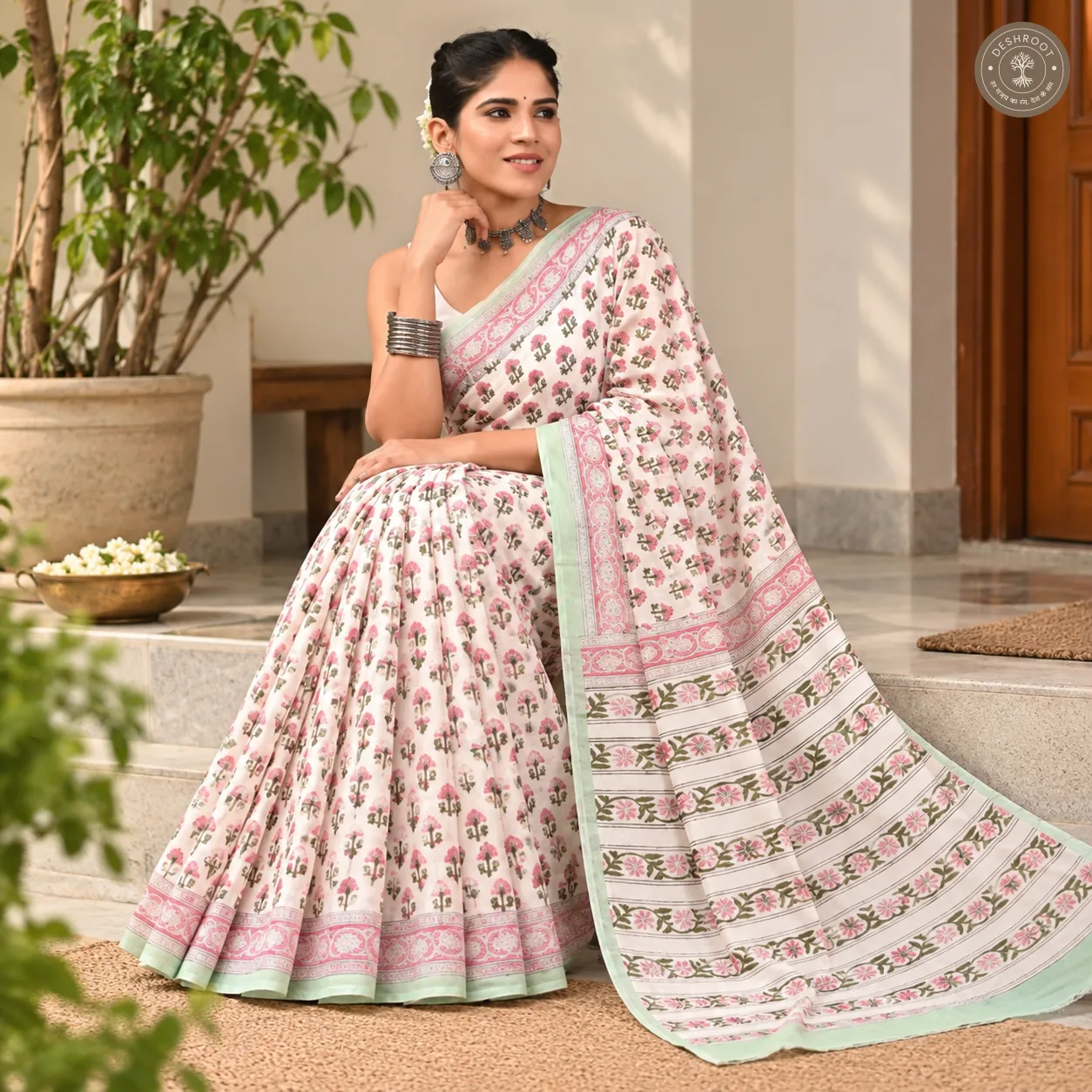 Gulbahar Floral Hand Block Printed Mal Cotton Saree with Blouse Fabric