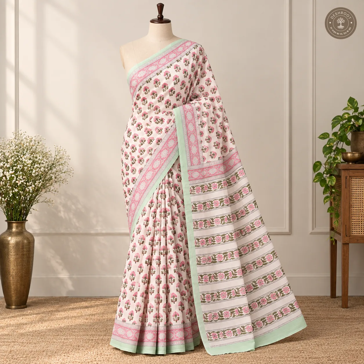 Gulbahar Floral Hand Block Printed Mal Cotton Saree with Blouse Fabric