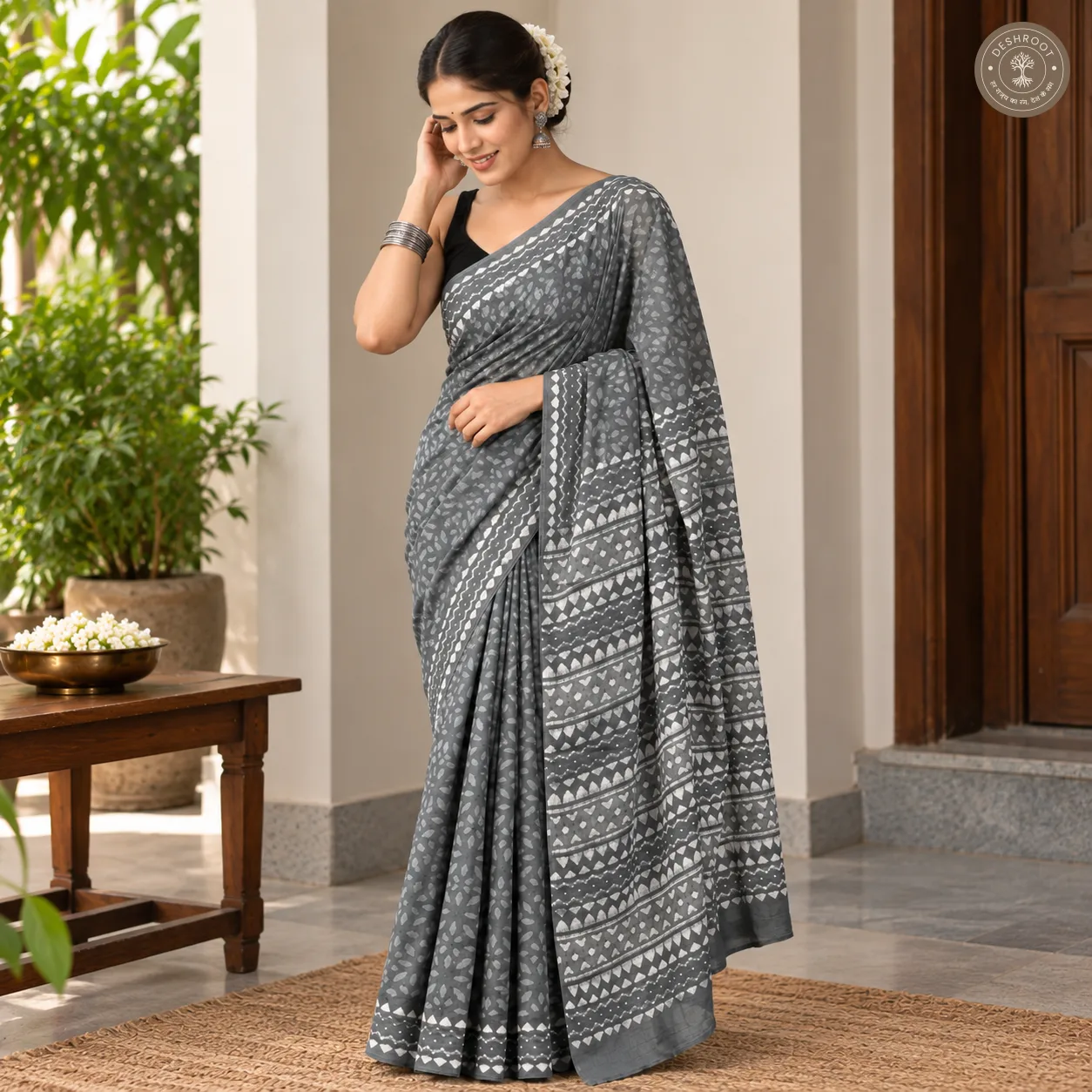 Neerja Hand Block Printed Mal Cotton Saree with Blouse Fabric