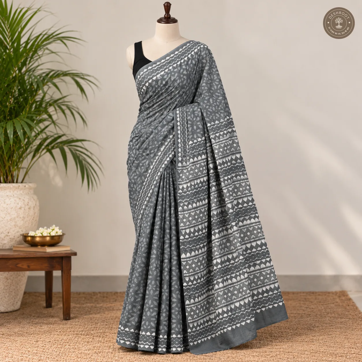 Neerja Hand Block Printed Mal Cotton Saree with Blouse Fabric