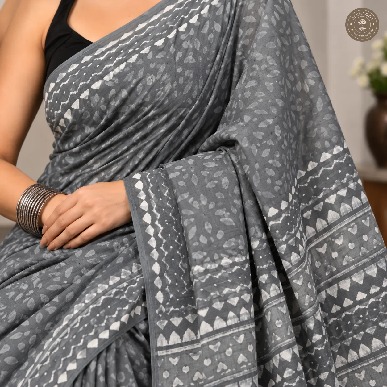 Neerja Hand Block Printed Mal Cotton Saree with Blouse Fabric
