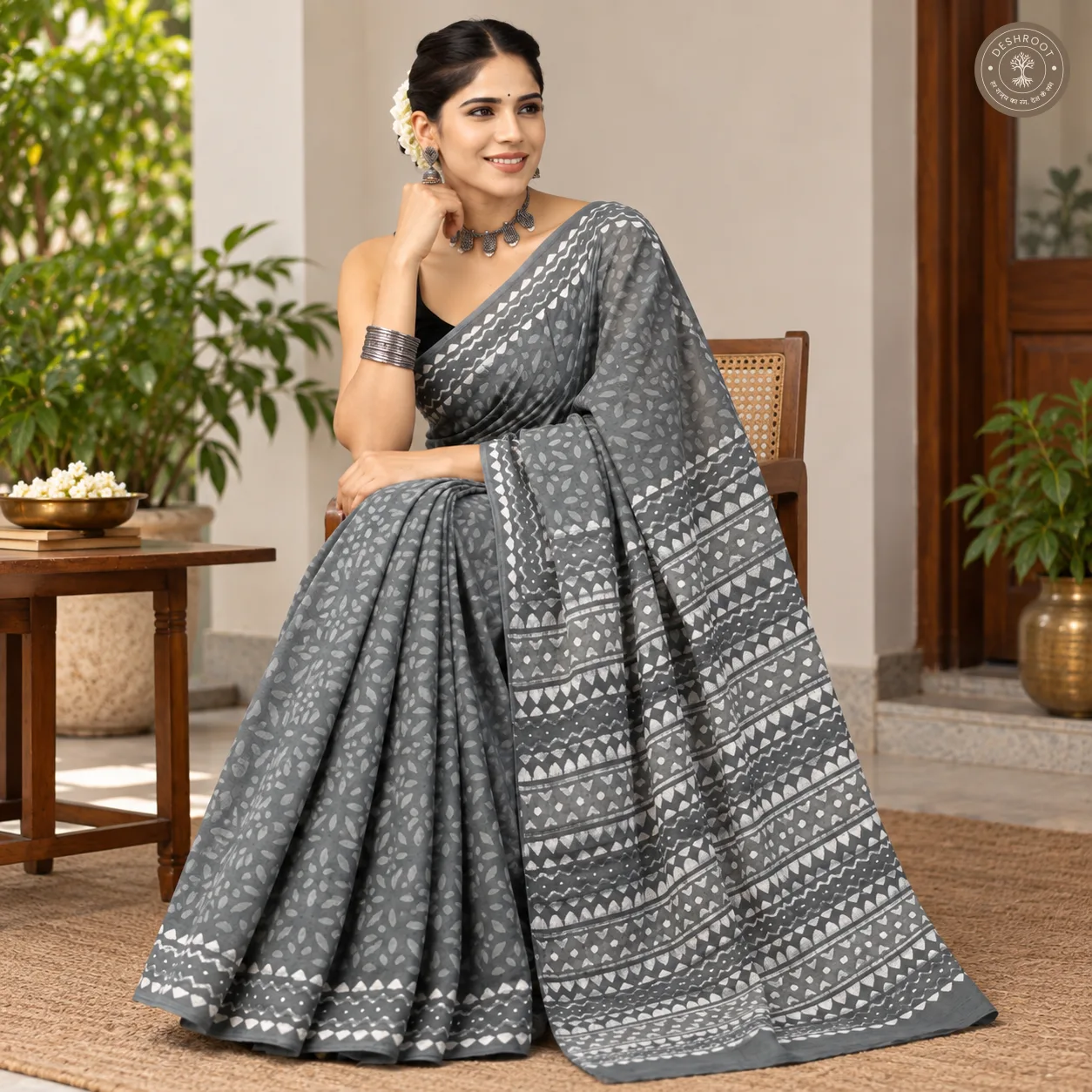 Neerja Hand Block Printed Mal Cotton Saree with Blouse Fabric