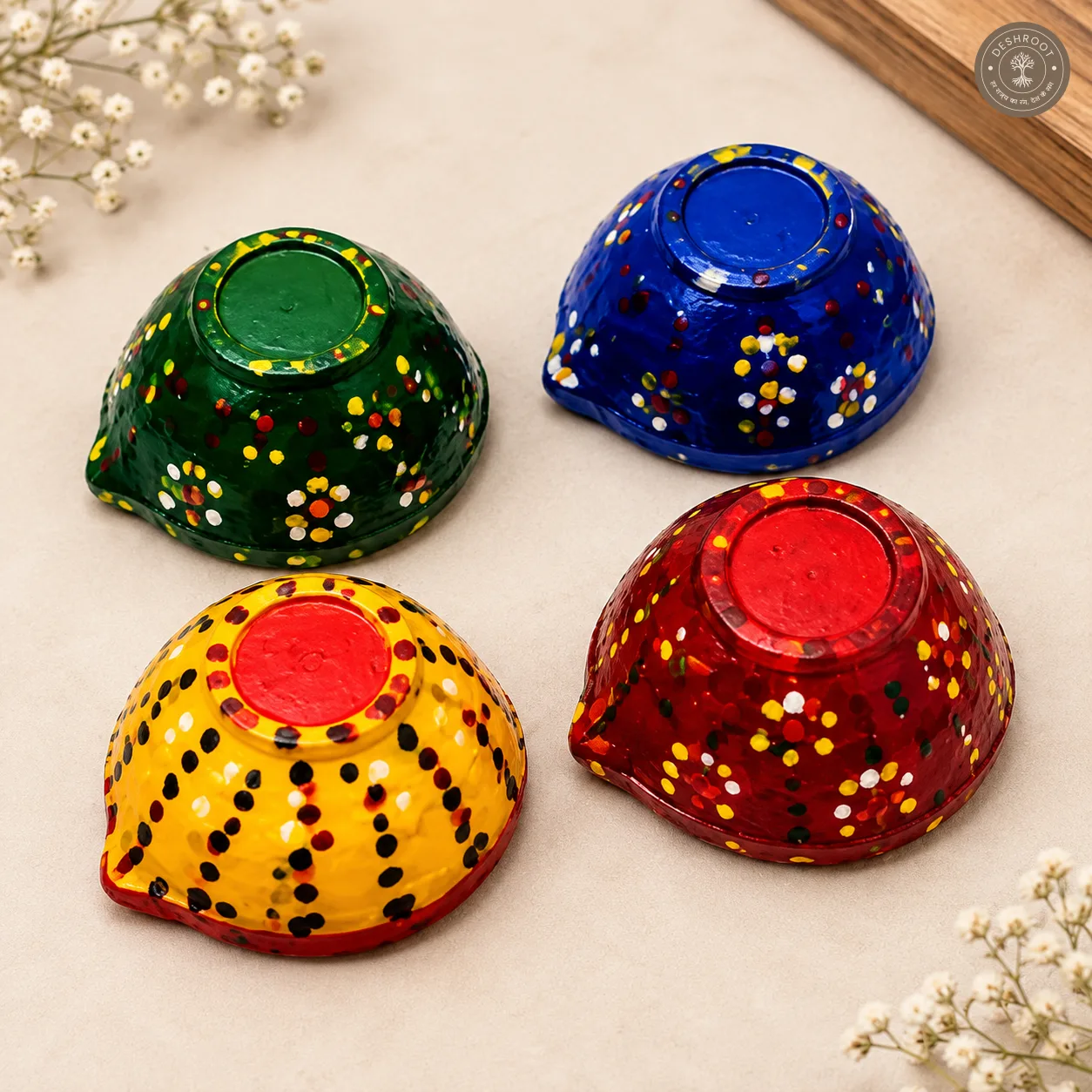 Handcrafted Decorative Diya Set – 4 Colourful Hand-Painted Clay Diyas with Dot Art for Diwali, Lakshmi Pooja & Festive Décor