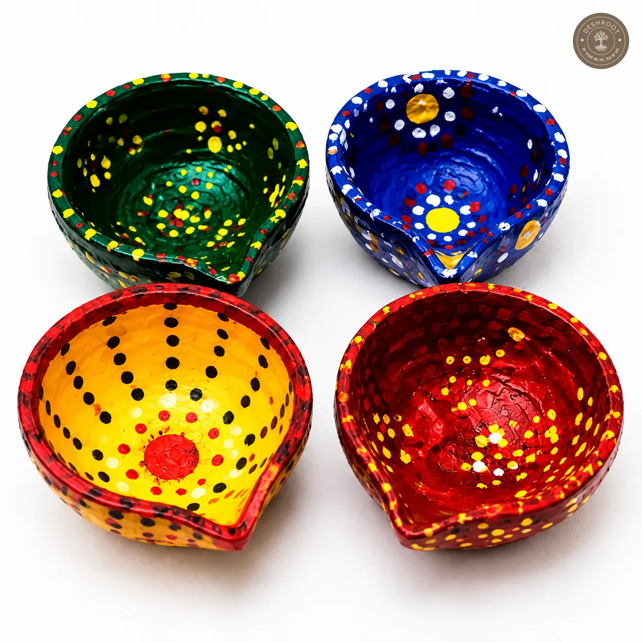 Handcrafted Decorative Diya Set – 4 Colourful Hand-Painted Clay Diyas with Dot Art for Diwali, Lakshmi Pooja & Festive Décor