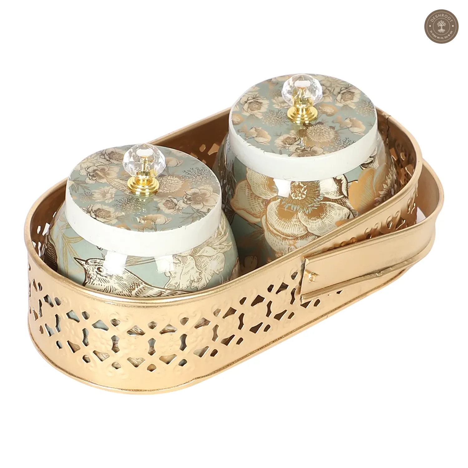 Bird Print Metal Jar With basket Set of 3