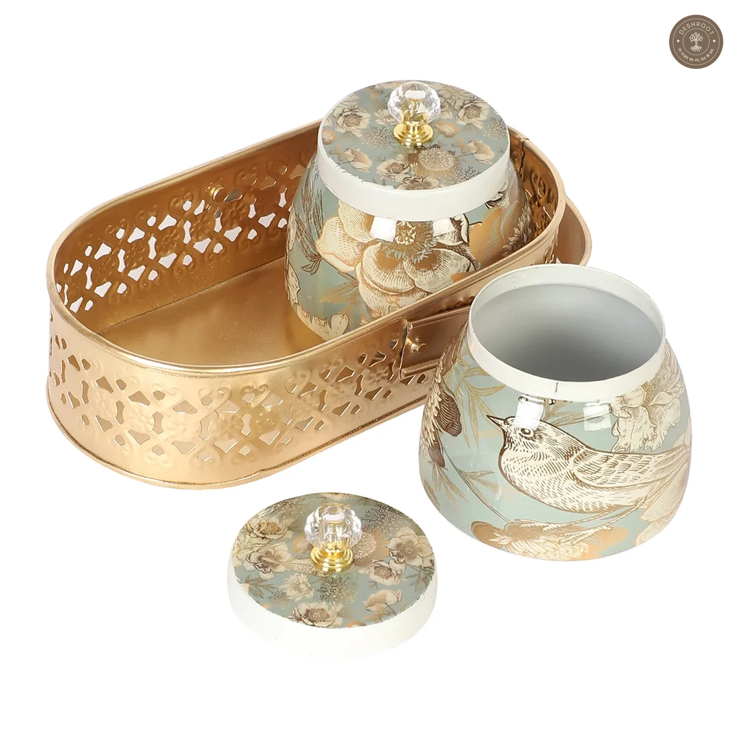 Bird Print Metal Jar With basket Set of 3