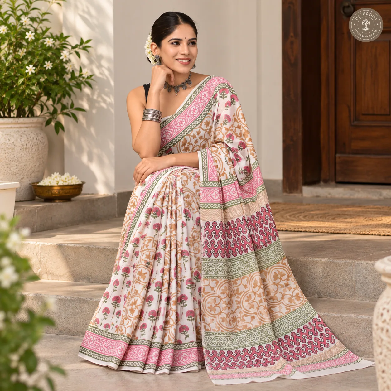 Gulnaar Heritage Hand Block Printed Mal Cotton Saree