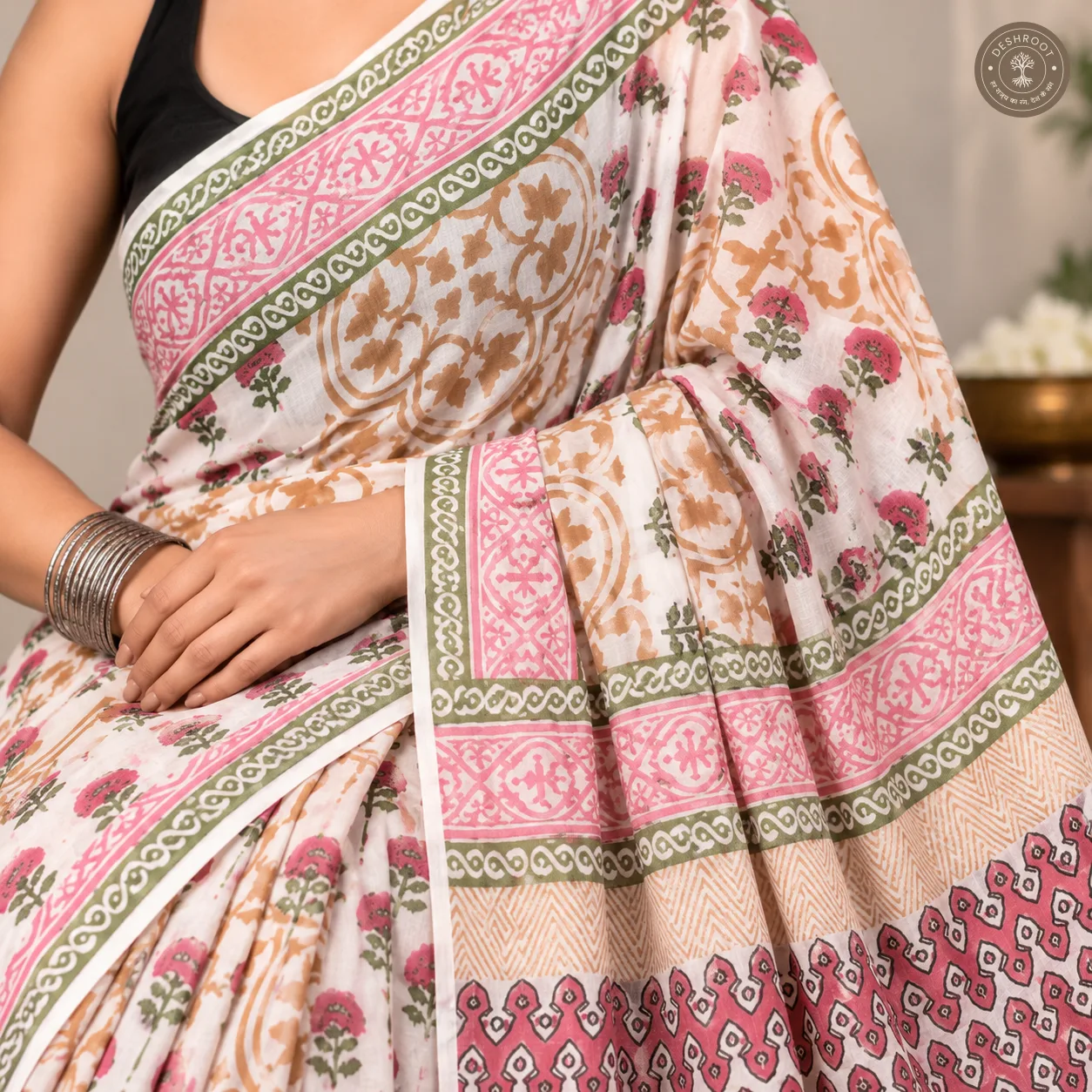 Gulnaar Heritage Hand Block Printed Mal Cotton Saree
