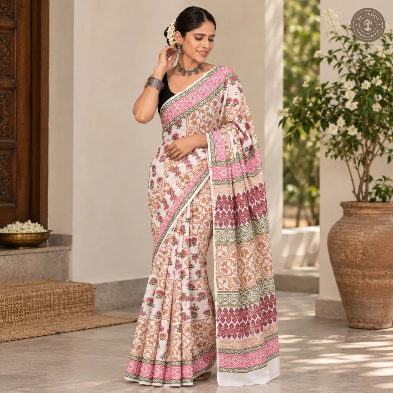 Gulnaar Heritage Hand Block Printed Mal Cotton Saree