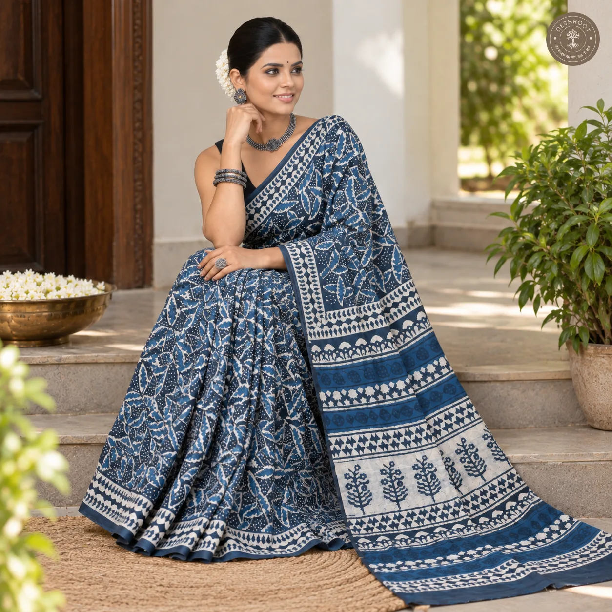 Neel Vanika Hand Block Printed Mal Cotton Saree with Blouse Fabric