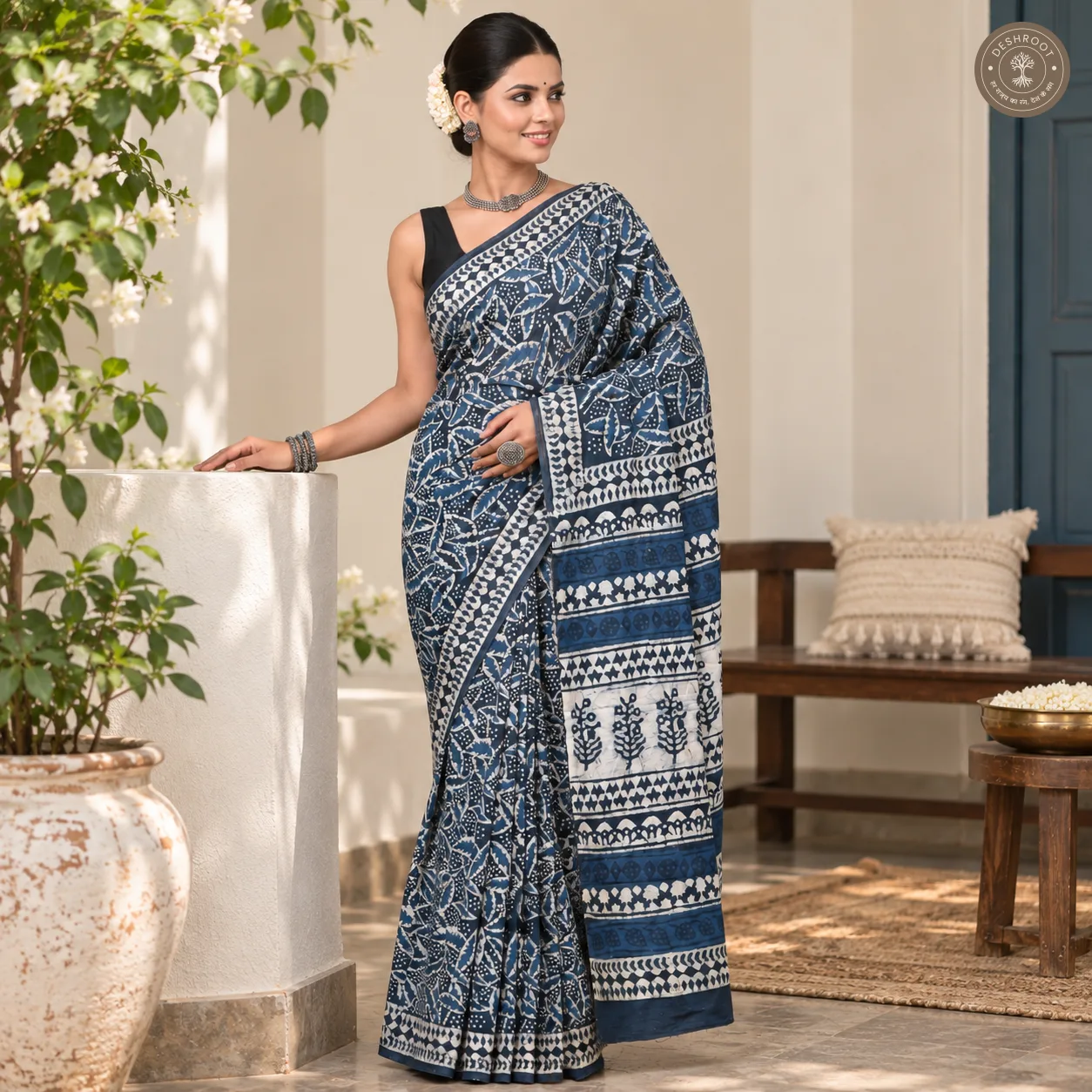 Neel Vanika Hand Block Printed Mal Cotton Saree with Blouse Fabric