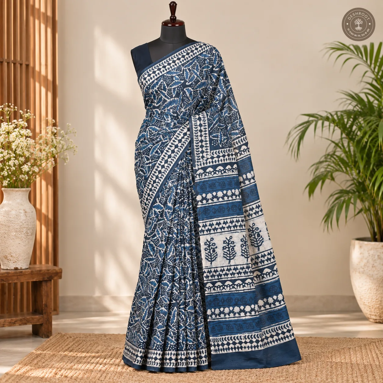 Neel Vanika Hand Block Printed Mal Cotton Saree with Blouse Fabric