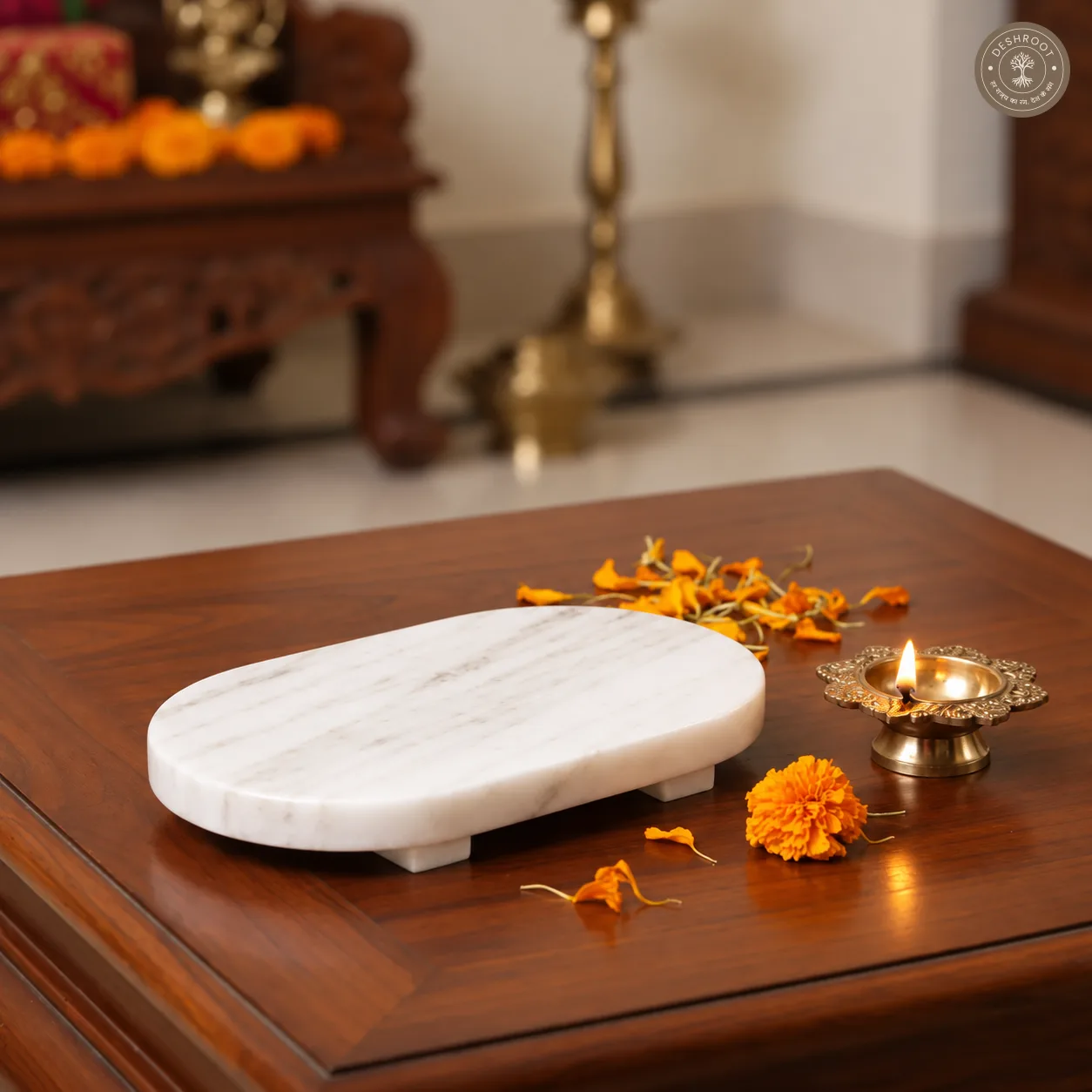 Handcrafted White Marble Pooja Chowki for Home Temple