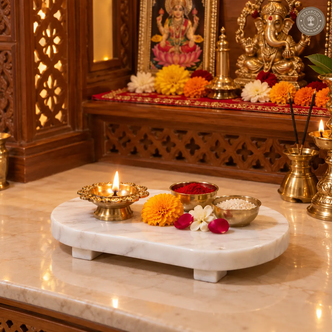 Handcrafted White Marble Pooja Chowki for Home Temple