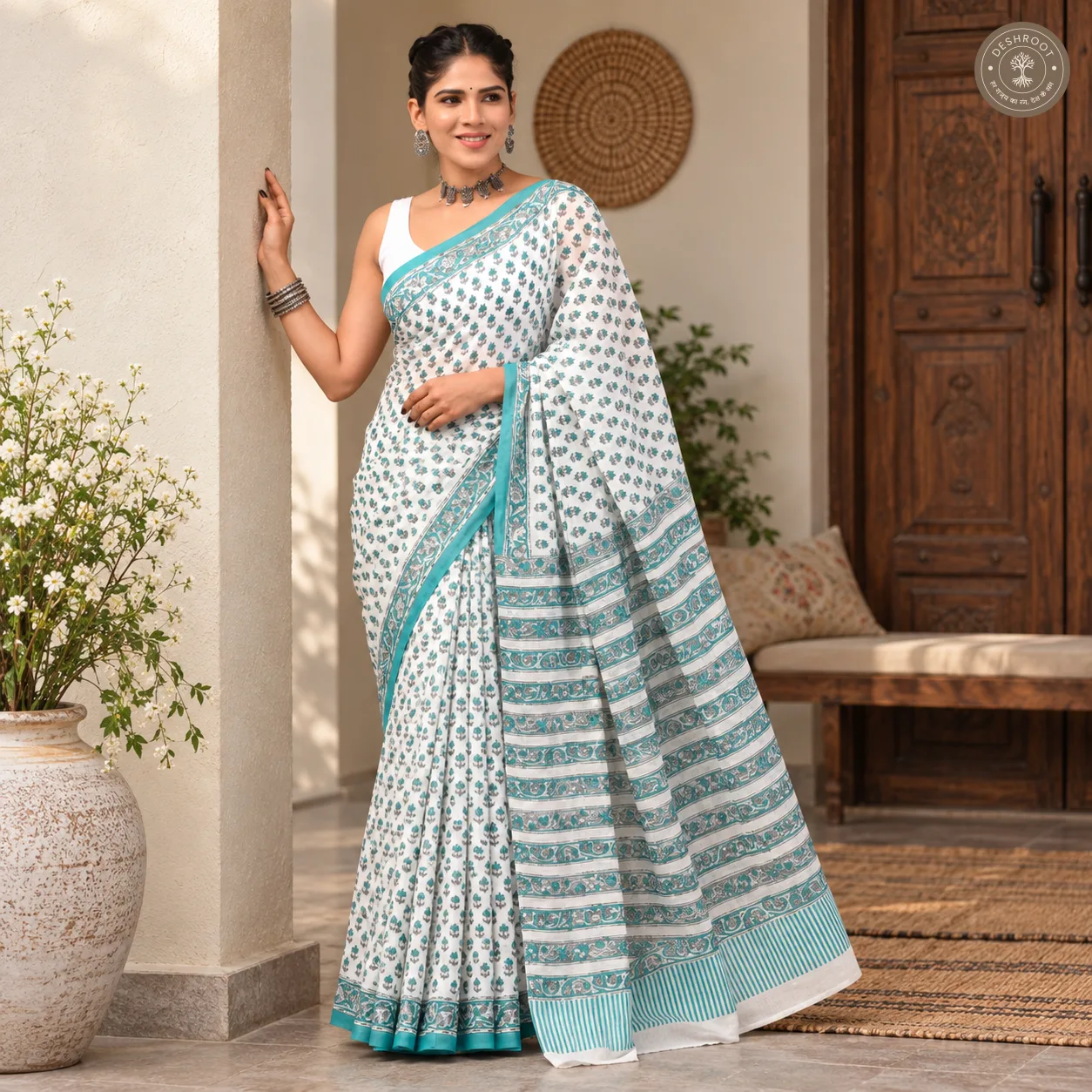 Aqua Blossom Hand Block Printed Mal Cotton Saree with Blouse Fabric