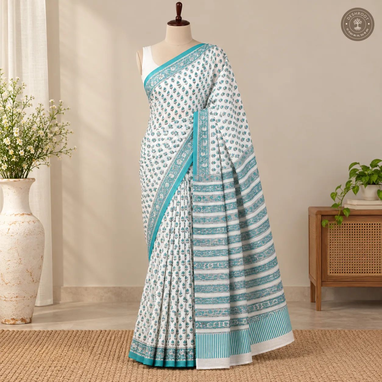 Aqua Blossom Hand Block Printed Mal Cotton Saree with Blouse Fabric
