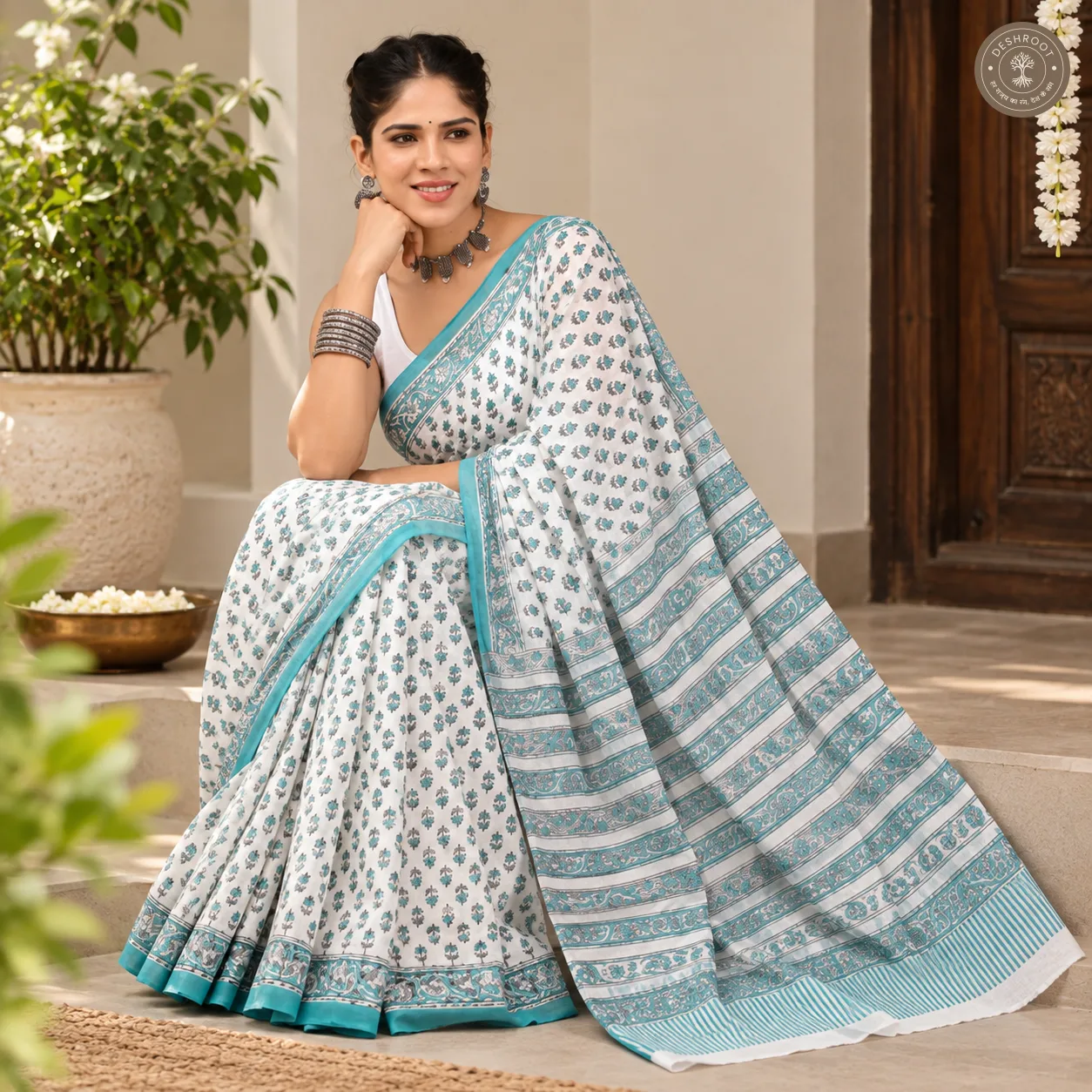 Aqua Blossom Hand Block Printed Mal Cotton Saree with Blouse Fabric